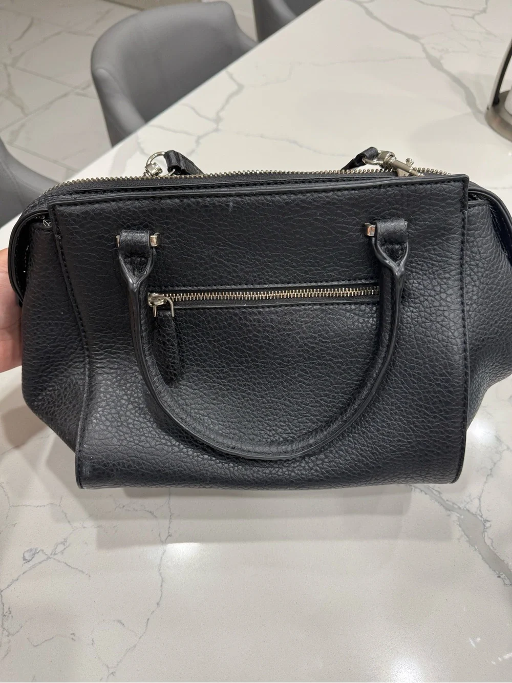 GUESS Black Textured Leather Satchel with Silver Tag
